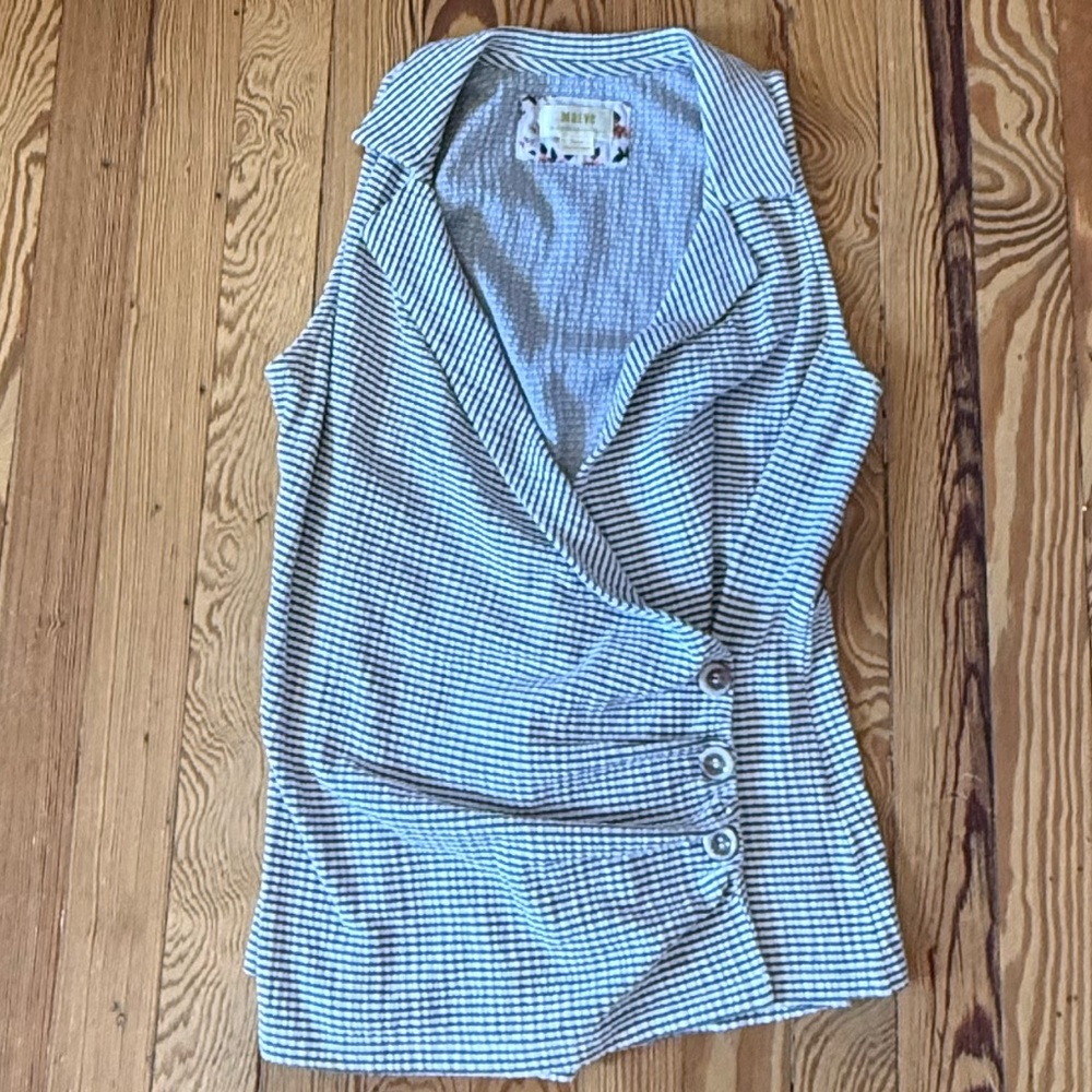 Maeve Textured Blue and White Striped Collared Wrap Top with button detail - Picture 3 of 11